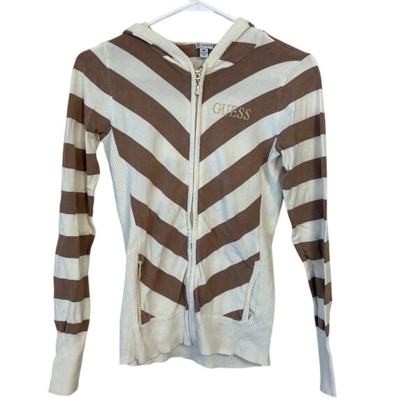 Guess Striped Ribbed Hooded Full Zip Sweater Slim Fit White Brown Size Medium - Picture 1 of 7